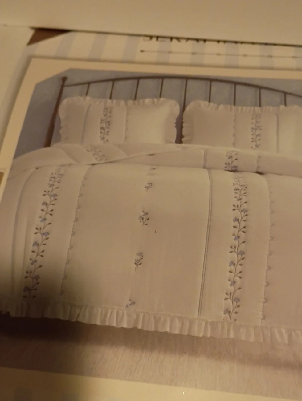 King Size Embroidered Floral Comforter in Cream and Blue